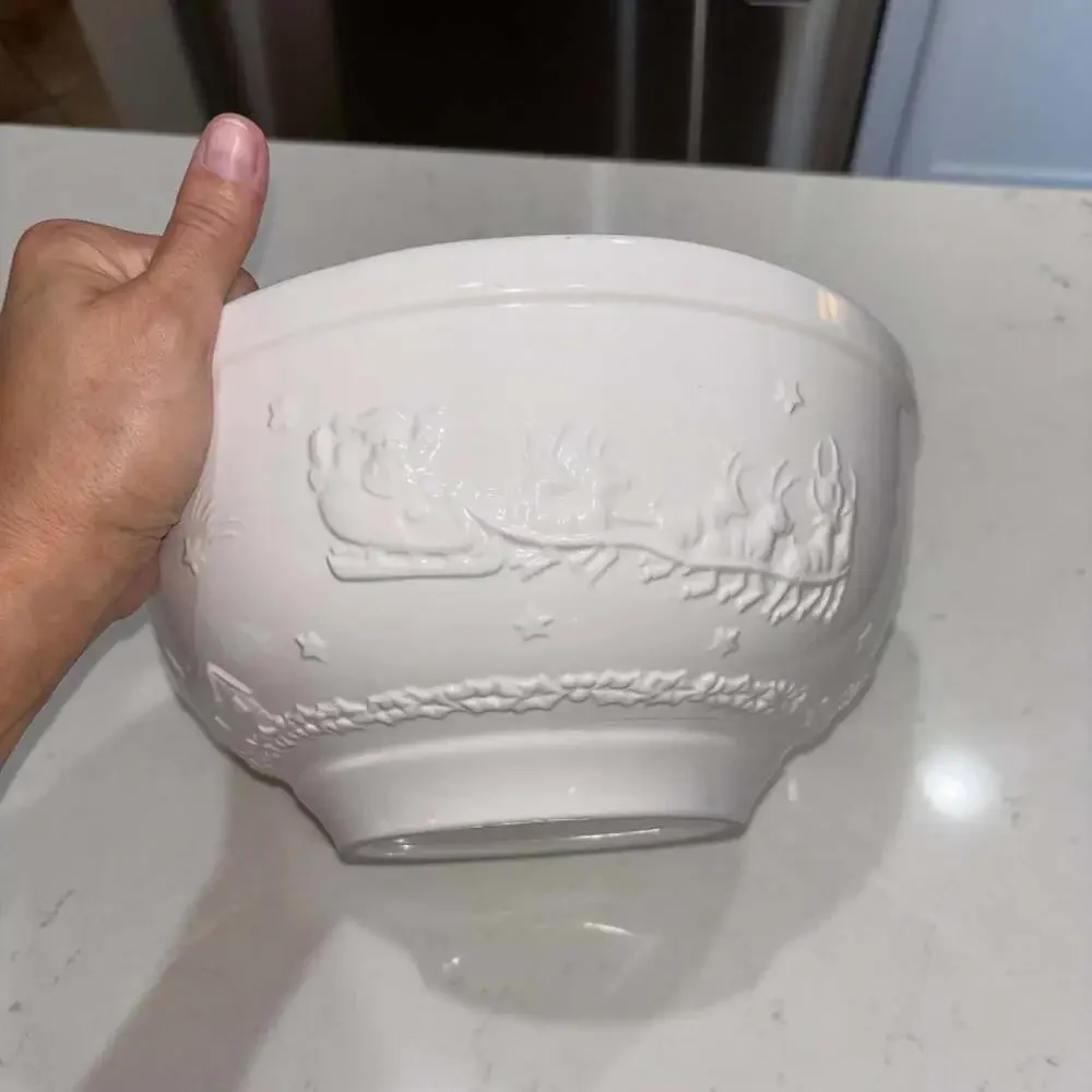 White Ceramic Embossed Christmas Bowl with Santa Sleigh and Cabin